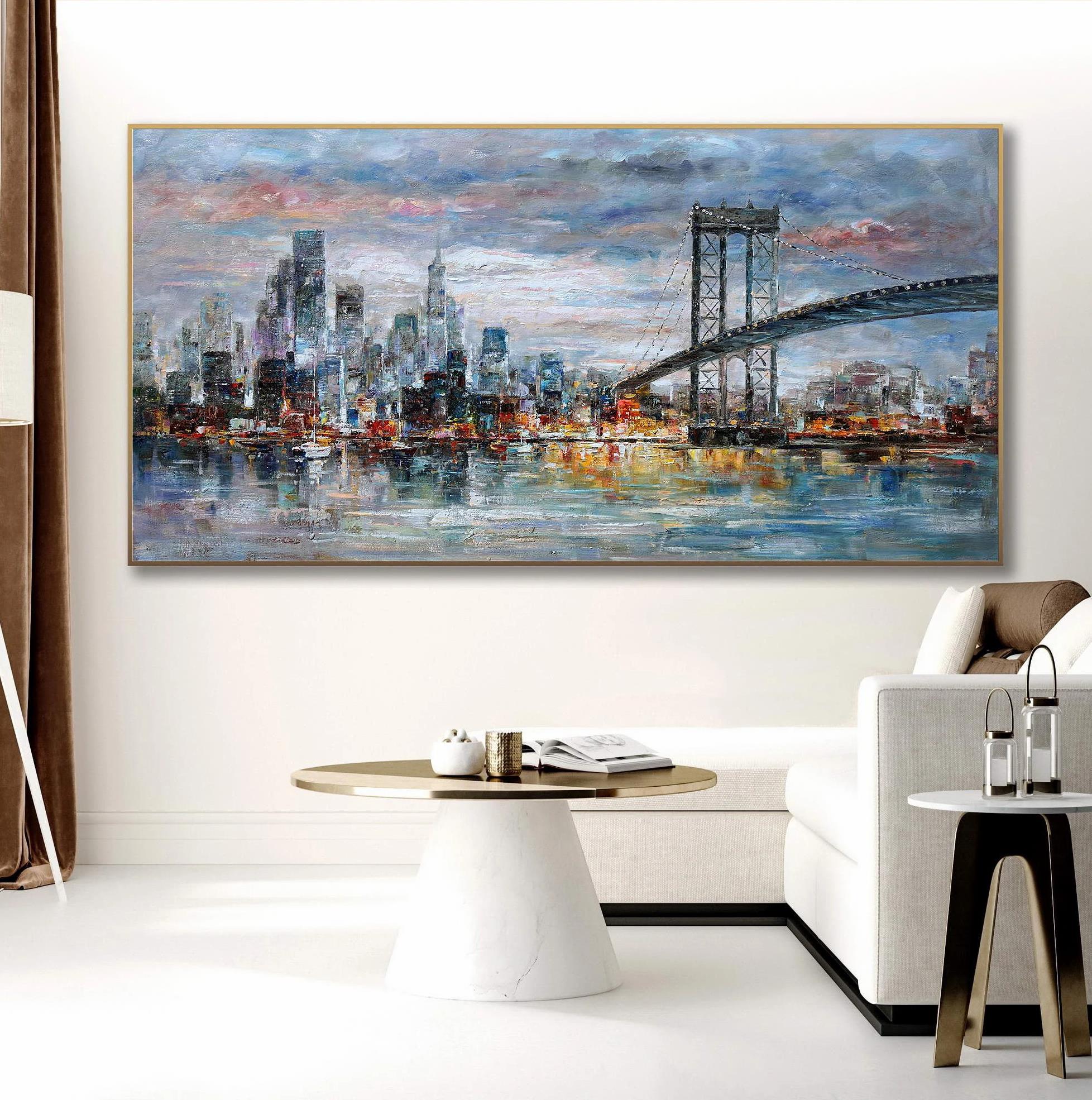 Nueva York Manhattan Puente de Brooklyn NYC Skyline paisaje urbano urbano Pintura al óleo